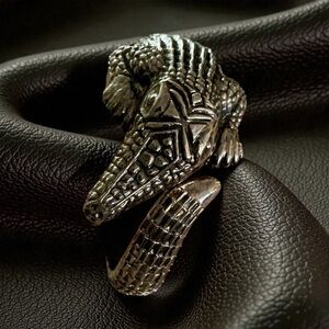 Large Alligator Hinged Cuff Bracelet, Dark Heavy Realistic Detail Silver Metal.